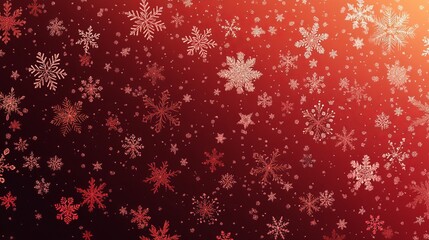 Christmas illustration with various small snowflakes on gradient background in red colors
