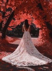 Fair-skinned and dark-haired lady dressed in long summer transparent dress with owl on shoulder, walking the paths of trees with red leaves in forest magic sorceress's legs.