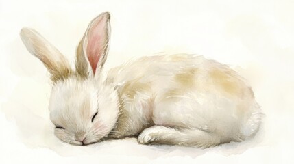 A small white rabbit peacefully sleeping on a soft surface in a cozy, serene environment