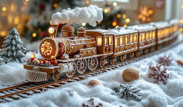 Gingerbread Train with Christmas Decorations on Snowy Railway - AI generated illustration