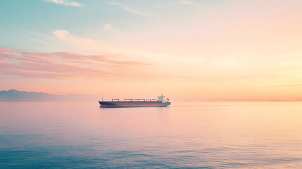 Fototapeta premium solitary cargo ship in the distance, moving across a calm sea with the horizon glowing softly in the warm