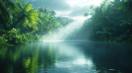 Serene tropical landscape with lush greenery and tranquil water.