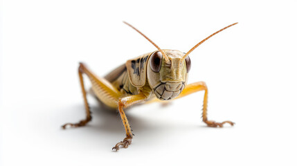Close-up of a grasshopper on a white background, showcasing its intricate details and features in a sharp and clear image.