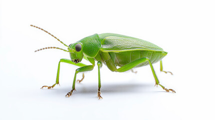 A green, close-up side view of a leaf beetle, displaying detailed features such as its antennae and segmented legs against a white background.