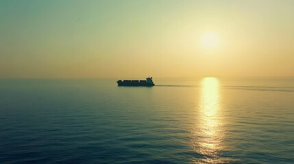 Fototapeta premium solitary cargo ship in the distance, moving across a calm sea with the horizon glowing softly in the warm