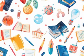 A colorful collection of school supplies and educational symbols, perfect for learning and creativity themes.