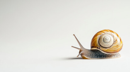 A close-up of a snail with a spiral shell slowly moving across a plain, light-colored surface.