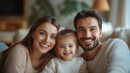 Fototapeta premium happy eastern family at home, mom, dad and little daughter having fun on sofa