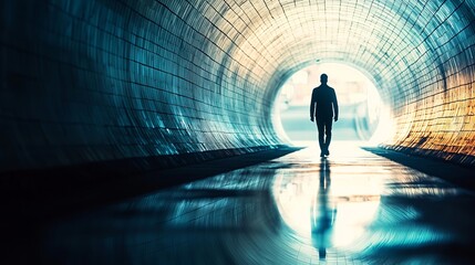 Obraz premium A solitary figure walks through a dimly lit tunnel, reflecting light and creating an atmosphere of mystery and solitude.