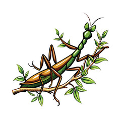 A realistic vector illustration of a walking stick insect camouflaged on a branch with green leaves.