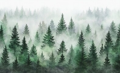 Illustration of a coniferous forest with watercolors, spruce. Winter scene, holiday background, conifer, snow, outdoor, snowy rural landscape.