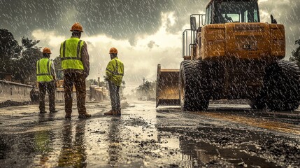 The back of an engineer wearing a yellow vest and orange helmet stands in front of an excavator on a construction site, with heavy rain falling from the sky. It is a rainy day with a blurred backgroun