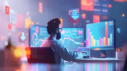A data analyst examines digital charts and graphs on multiple screens in a modern workspace, showcasing technology and analytics.