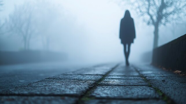A mysterious figure walks along a foggy path, creating an eerie yet captivating atmosphere in nature.