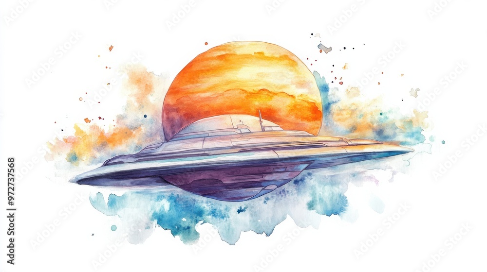 Poster A colorful depiction of a flying saucer hovering near a vibrant planet in outer space with swirling cosmic colors