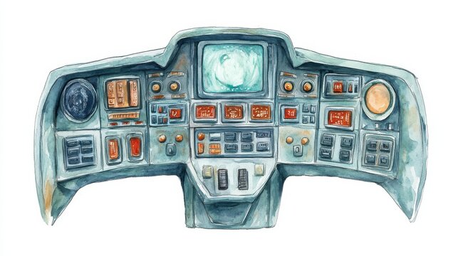 Detailed control panel illustration featuring numerous buttons and screens designed for a futuristic spacecraft