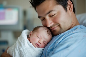 A newborn baby wrapped in a soft white blanket, being held tenderly by his father in a blue, plain hospital gown.