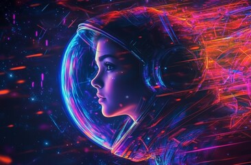 Obraz premium It is a fantasy vivid colored portrait of an astronaut young girl with a nebula in the background. Created using Stock images.