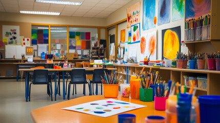 Bright and Colorful Art Classroom with Paints, Brushes, and Supplies for Creative School Learning Environment.