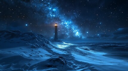 Snowy beach with distant, glowing lighthouse under a starry sky, with the snow-covered sand reflecting the light of the stars. 4K hyperrealistic photo.