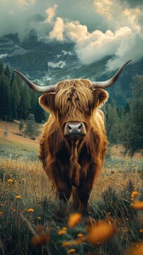 highland cattle, wallpaper, dreamscape portraiture, gigantic scale