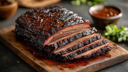 A perfectly smoked beef brisket sliced and presented on a wooden board, displaying the charred crust and juicy inside