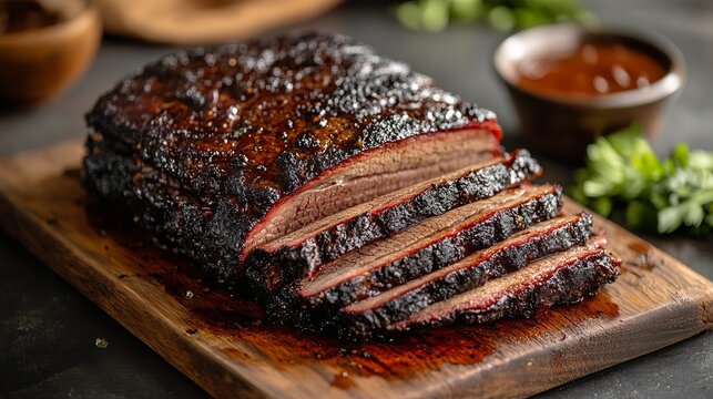 A perfectly smoked beef brisket sliced and presented on a wooden board, displaying the charred crust and juicy inside