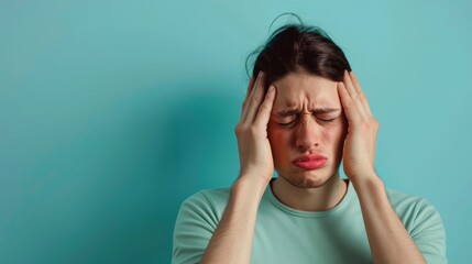 woman have a headache on color background, right copy space 