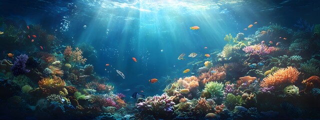 Obraz premium Underwater Scene with Colorful Coral Reefs, Fish, and Sea Plants
