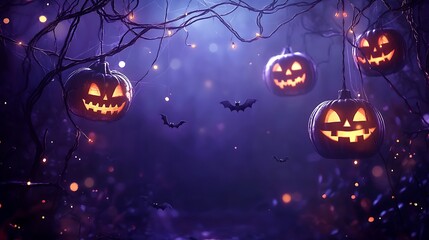 Fototapeta premium A Spooktacular Halloween Scene with Glowing Pumpkins and Flying Bats