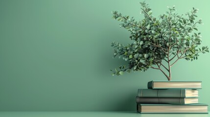 A minimalist arrangement of books stacked with a small green plant against a soothing green wall, perfect for a calming atmosphere.