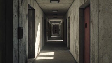 Brutalist student housing with blocky, repetitive units, exposed concrete surfaces, and narrow, shadow-filled corridors. 4K hyperrealistic photo.