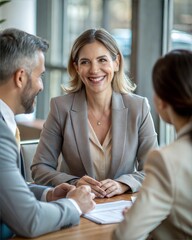 Smiling mature young professional business woman banking loan manager, insurance agent, lawyer or financial advisor consulting clients couple sitting at work corporate office meeting. Vertical
