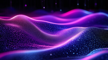 Obraz premium Abstract Digital Technology Background with Wavy Lines and Glowing Purple and Blue Light Gradient, Featuring Dark Tones and Smooth Transitions in 8K High-Resolution