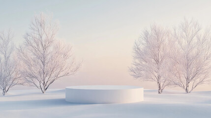 Fototapeta premium A round white pedestal placed in a serene snowy landscape surrounded by frosted trees, ideal for winter-themed product displays or nature concepts. 