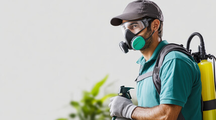 A person wearing protective gear and a mask, holding a spray bottle, appears to be involved in pest control or sanitization work.