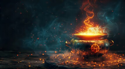A mystical cauldron bubbling with vibrant, glowing liquid, surrounded by ethereal smoke and sparkling particles, evoking a magical ambiance.