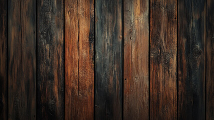 Obraz premium Close-up of a rustic wooden plank wall with dark, weathered textures and rich natural grain, ideal for backgrounds or design projects. 