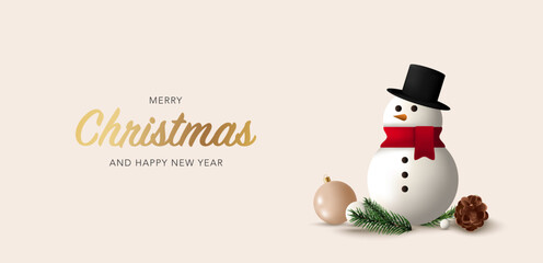 Merry Christmas banner template with 3d realistic snowman, pine leaf, cone, snowball and tree ornaments. Happy New Year background for social media, poster, template, sale, promo, discount, website.