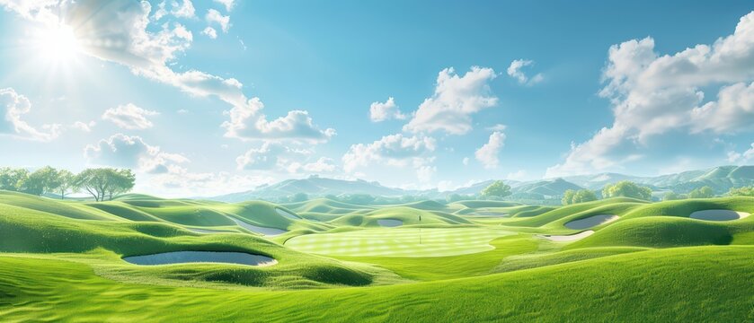 A picturesque golf course landscape under a clear blue sky, with vibrant green hills and a serene atmosphere perfect for relaxation.