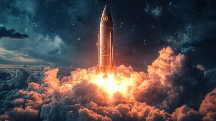 Bitcoin rocket gliding past clouds towards the stars. Cryptocurrency success theme.