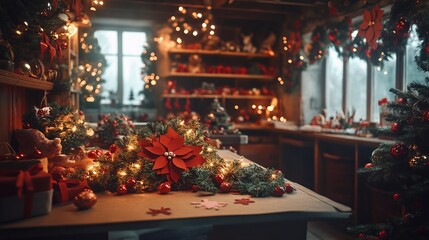 Crafting handmade Christmas garlands with felt, string, and holiday-themed cutouts, in a cozy crafting space. 4K hyperrealistic photo.