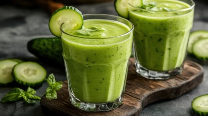 A refreshing cucumber and avocado smoothie served in a glass with a cucumber slice