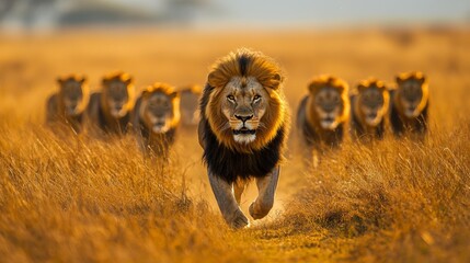 A powerful male lion strides ahead, leading a group of lions through the dry, sunlit grasslands, presenting grandeur and the essence of untamed African wildlife.