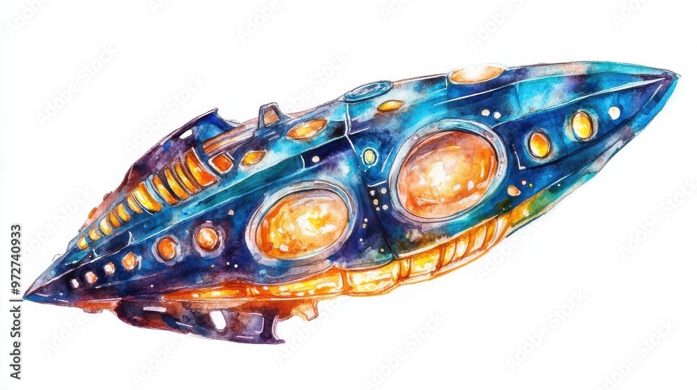 Poster a colorful, artistic depiction of a futuristic spaceship navigating through the cosmos with vibrant 