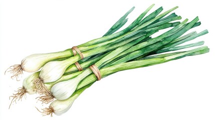 Fototapeta premium Fresh green onions bundled together, ready for use in cooking and garnishing meals at a local farmer's market