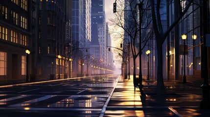 A serene city street at sunset, with glowing streetlights reflecting on wet pavement and towering buildings in the background.