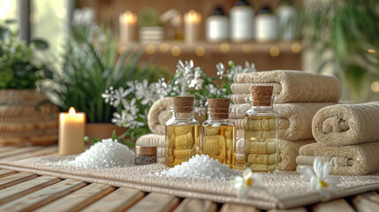 Relaxing spa products, towels, oils, and salt create serene atmosphere