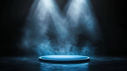 Illuminated Blue Circular Podium on Dark Background