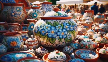 italienische T&ouml;pferwaren mit einem Vergissmeinnicht Motiv auf einem Markt in Italien